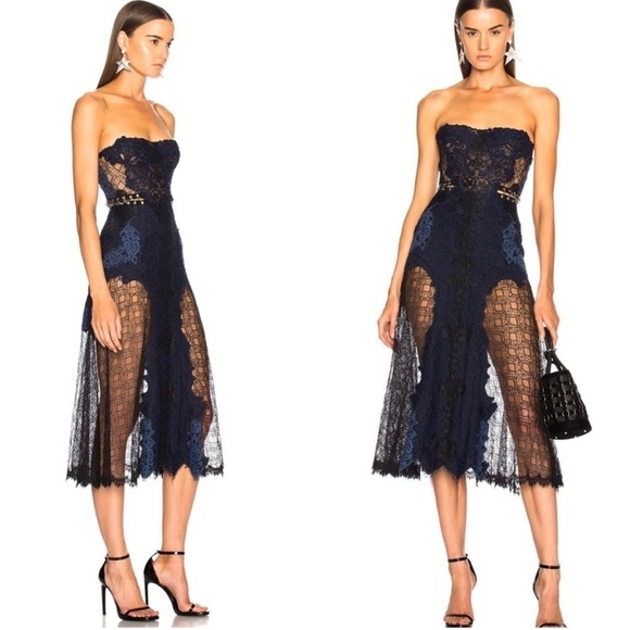 NWT Jonathan Simkhai Grommet Lariat Lace Bustier Midi Dress Strapless Blue 6 - Picture 1 of 16